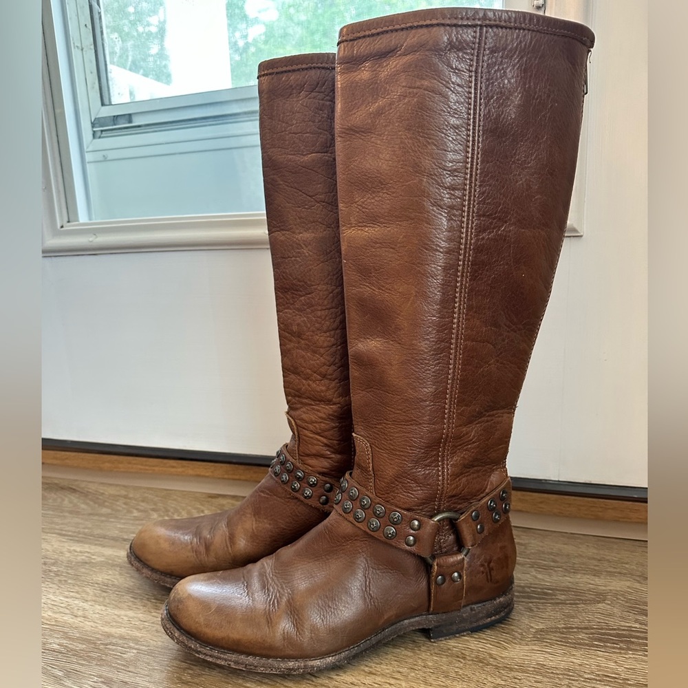 Frye brown harness studded boots